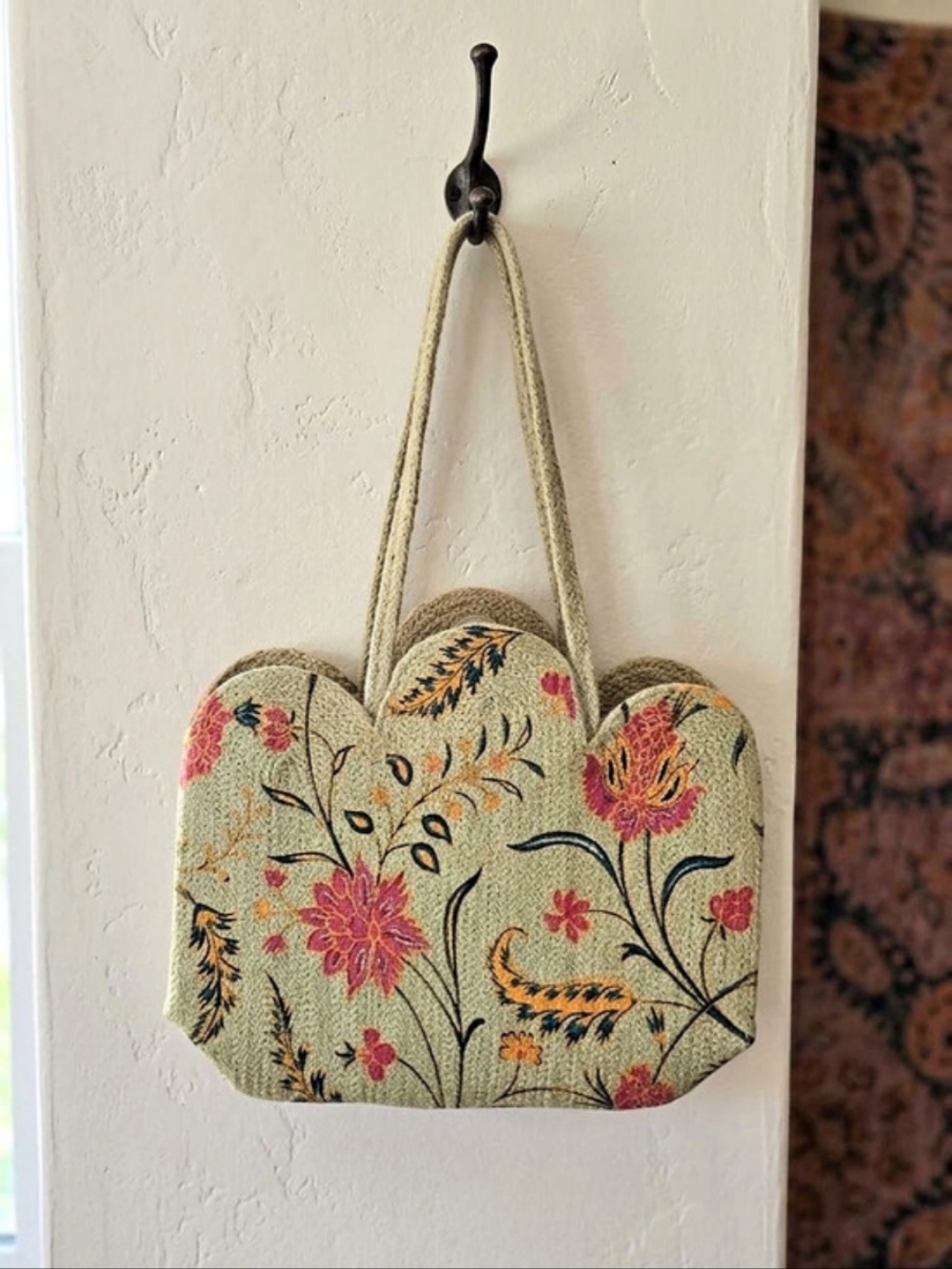 Antik Kraft Floral Scalloped Tote Bag Green & Pink